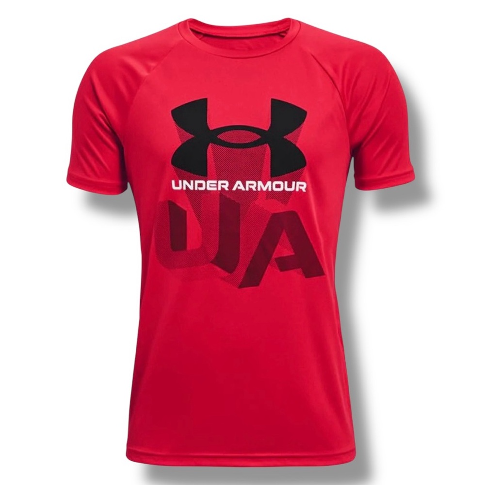 Under Armour UA Tech Repeat Red Logo Tee Boys XL HeatGear Athletic Shirt